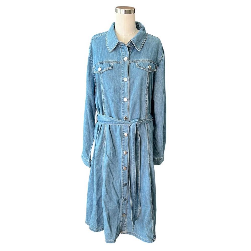 ALLEGRA K Denim Long Sleeve Denim Dress Women's Size L‎ Light Wash Belted Collar
